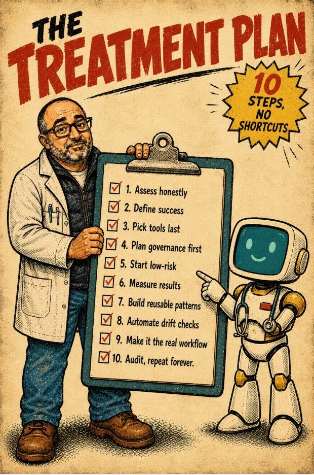 Retro satirical-print diagram poster styled like a therapist's treatment plan clipboard, showing the ten-step IaC adoption roadmap with Brett and MAC the robot pointing at it