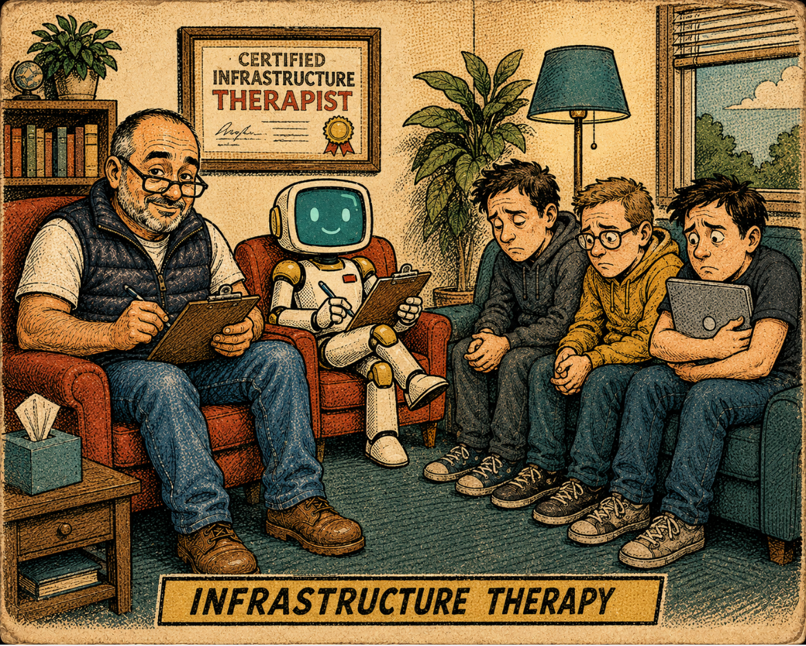 Retro satirical-print illustration of Brett Fullmer as a therapist with MAC the robot beside him, facing an infrastructure team seated on a couch, with a whiteboard behind them