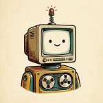 Illustrated retro CRT-and-reel-to-reel mascot character representing MAC, the AI assistant