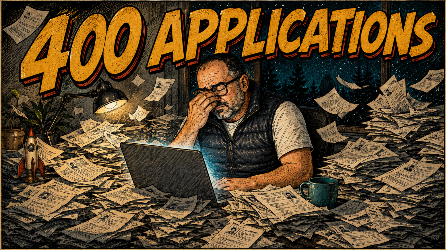 Retro satirical-print illustration of Brett slumped at a cluttered desk late at night, buried under an avalanche of paper job applications, huge hand-lettered hook 400 APPLICATIONS