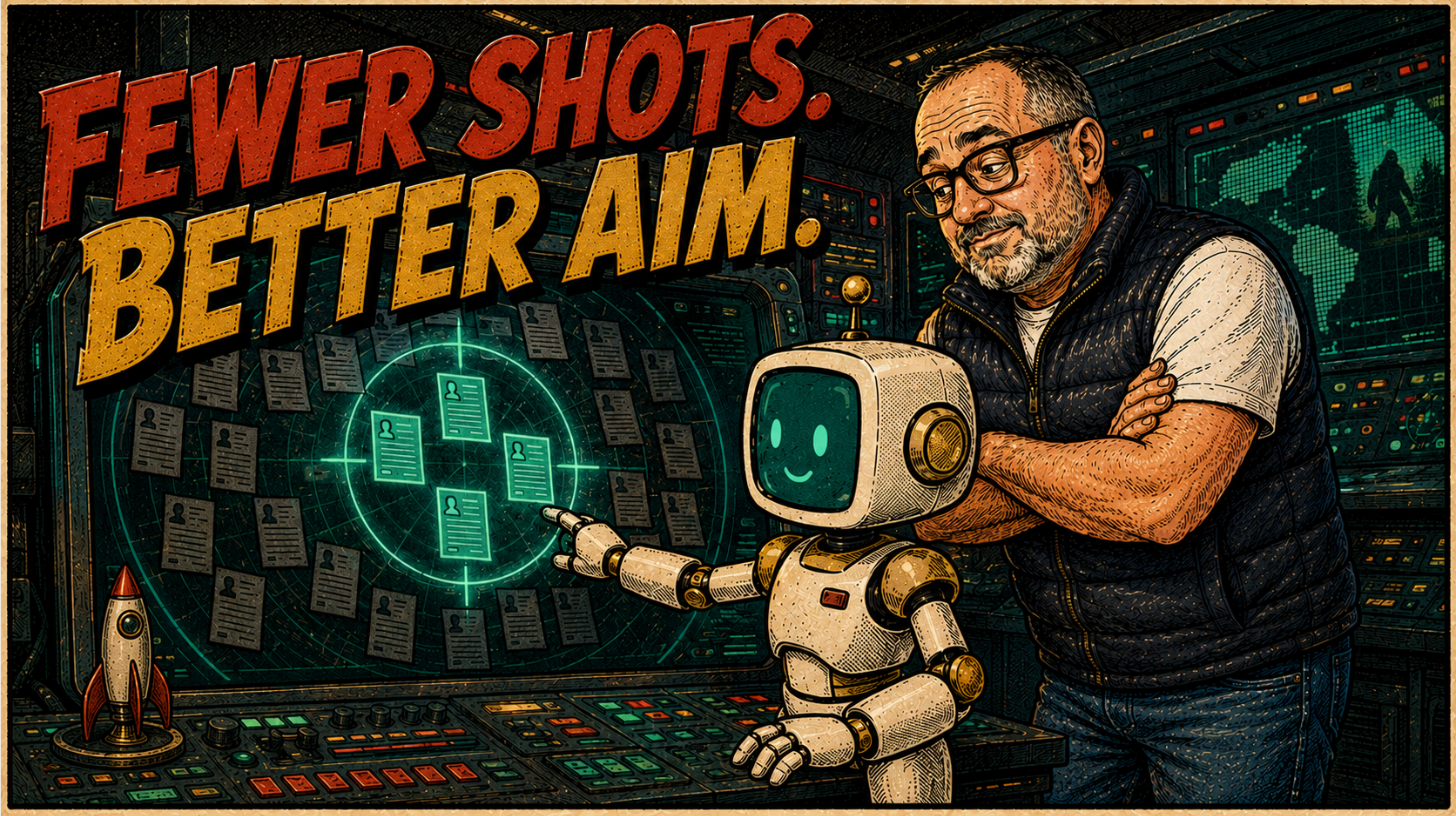 Retro satirical-print illustration of MAC the robot at a mission control console targeting a handful of resume icons out of dozens on screen while Brett watches, hook FEWER SHOTS BETTER AIM