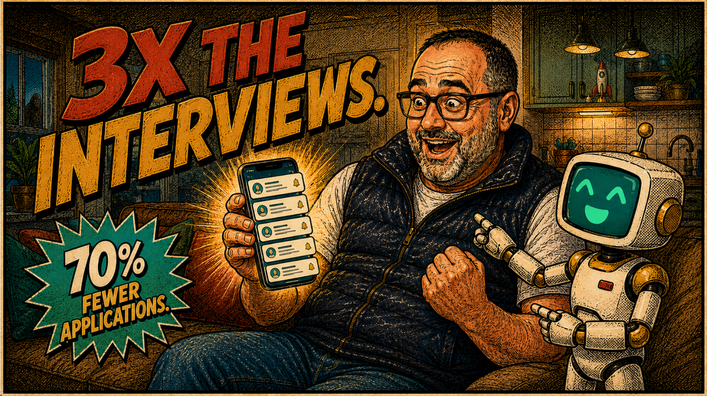 Retro satirical-print illustration of Brett delighted on the couch holding a phone glowing with interview request notifications, MAC the robot celebrating beside him, hook 3X THE INTERVIEWS, badge 70 percent fewer applications