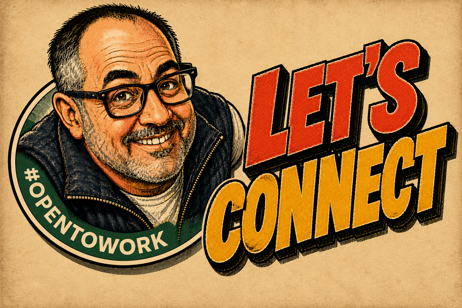 The Rap Sheet series logo: Brett's head bursting from a green LinkedIn open to work ring next to the Let's Connect wordmark