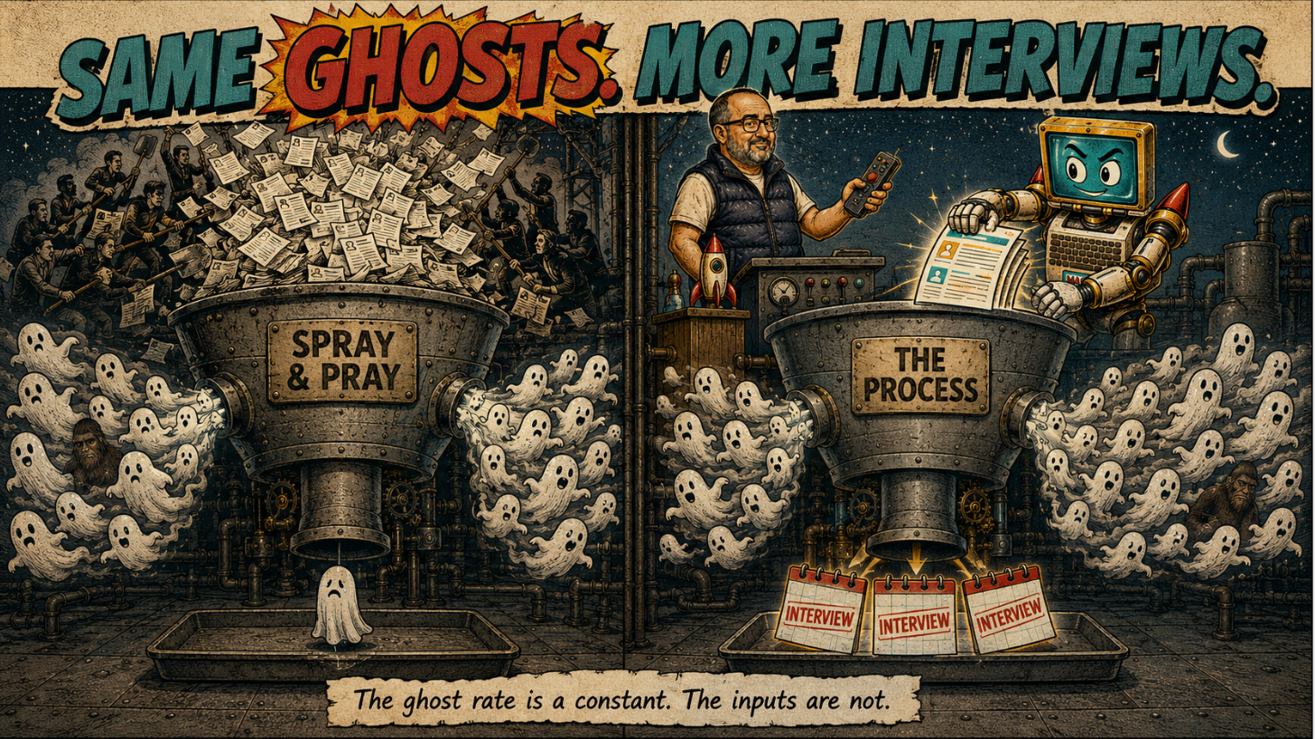 Two industrial funnels: Spray and Pray versus The Process. Same ghosts pour from both; only The Process drops interview cards.