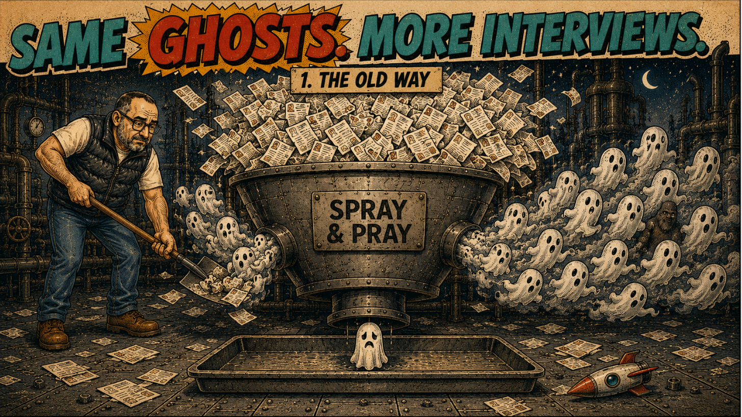 Brett shovels identical resumes into the Spray and Pray funnel while ghosts pour out