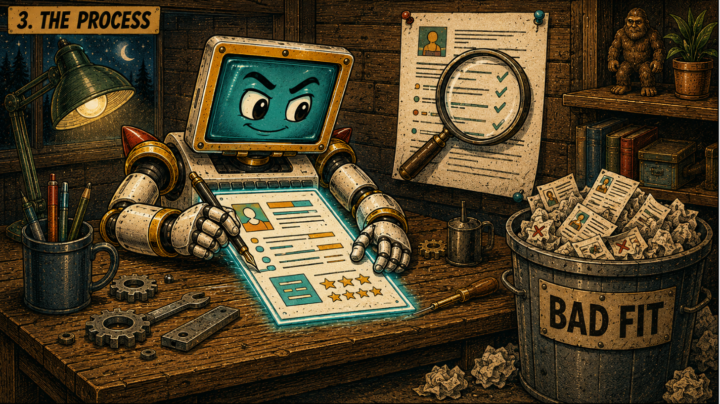 MAC hand-crafts a custom resume beside a bin labeled BAD FIT