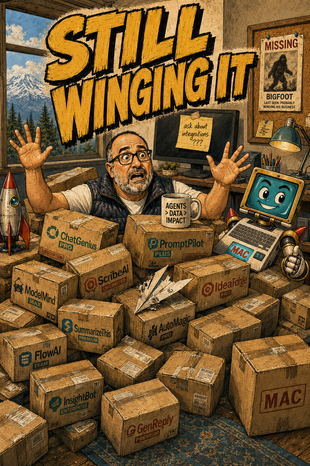Brett buried to the chest in a rising pile of individually branded AI app subscription boxes, gasping, a mug reading AGENTS DATA IMPACT balanced on the pile, a crashed paper airplane, a Bigfoot MISSING poster on the corkboard, an unopened box labeled MAC in the corner, a STILL WINGING IT headline