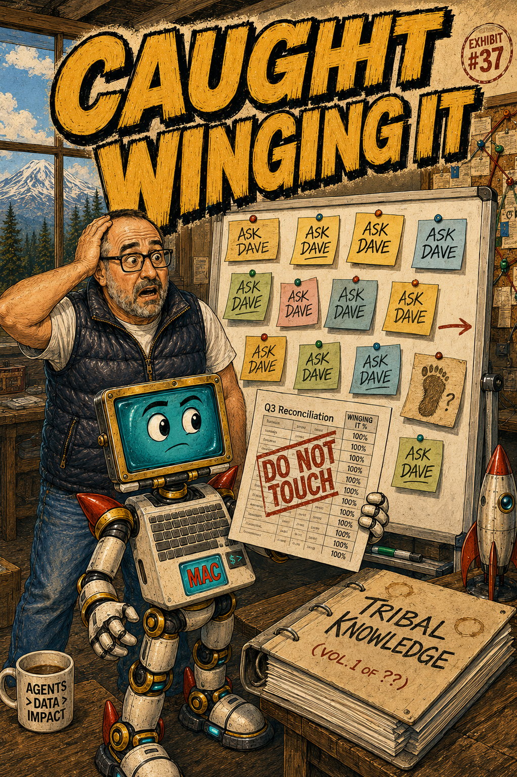 Brett and MAC examining a whiteboard covered in ASK DAVE sticky notes, a spreadsheet stamped DO NOT TOUCH with a WINGING IT percent column reading 100 percent down the page, a coffee-stained TRIBAL KNOWLEDGE binder, a doodled Bigfoot footprint sticky note, a CAUGHT WINGING IT headline