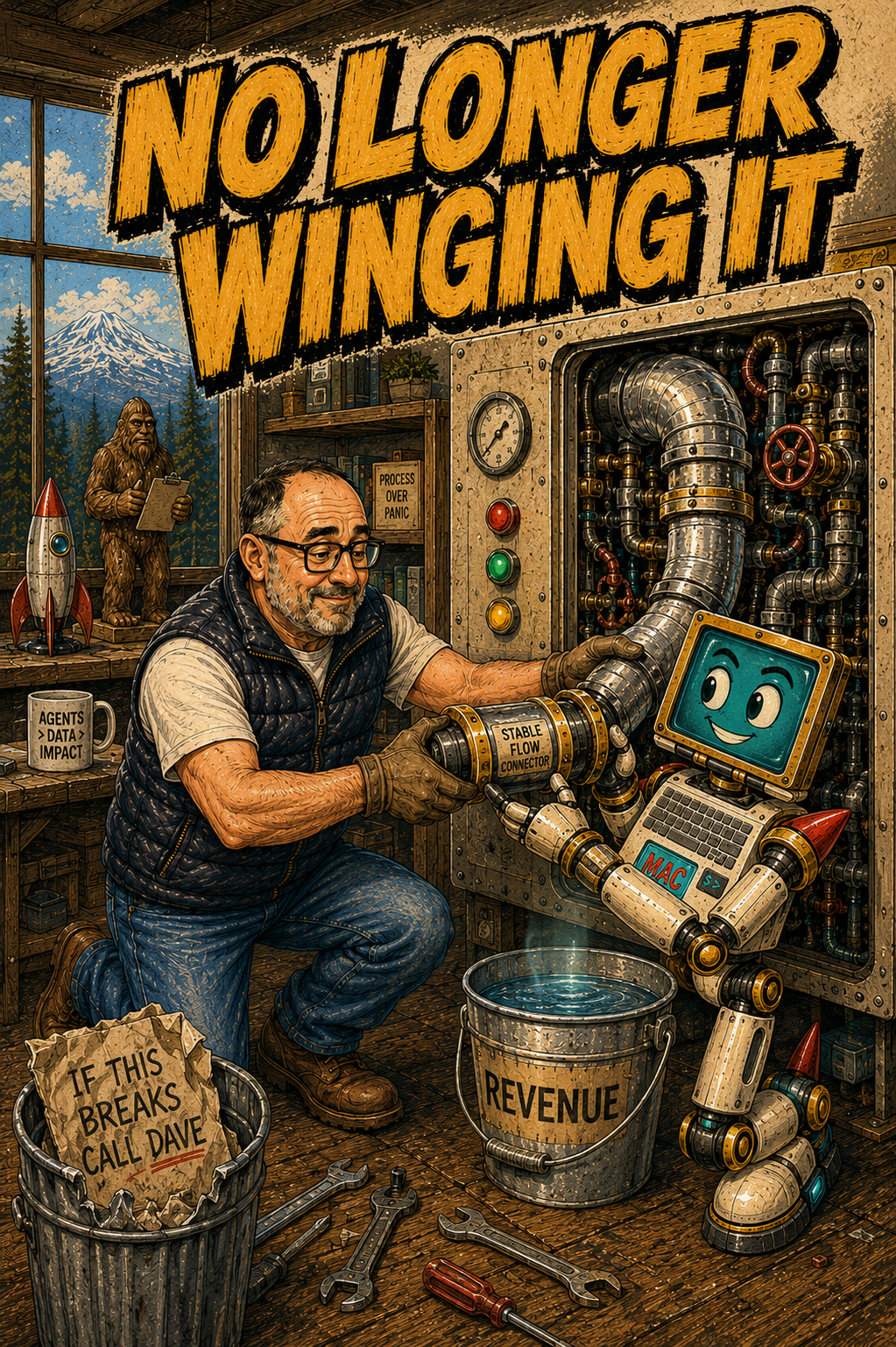 Brett and MAC installing clean, labeled pipework in the repaired machine, the old IF THIS BREAKS CALL DAVE sign crumpled in a trash bin, the REVENUE bucket now calm and full, a small Bigfoot statue holding a clipboard on the shelf, a NO LONGER WINGING IT headline