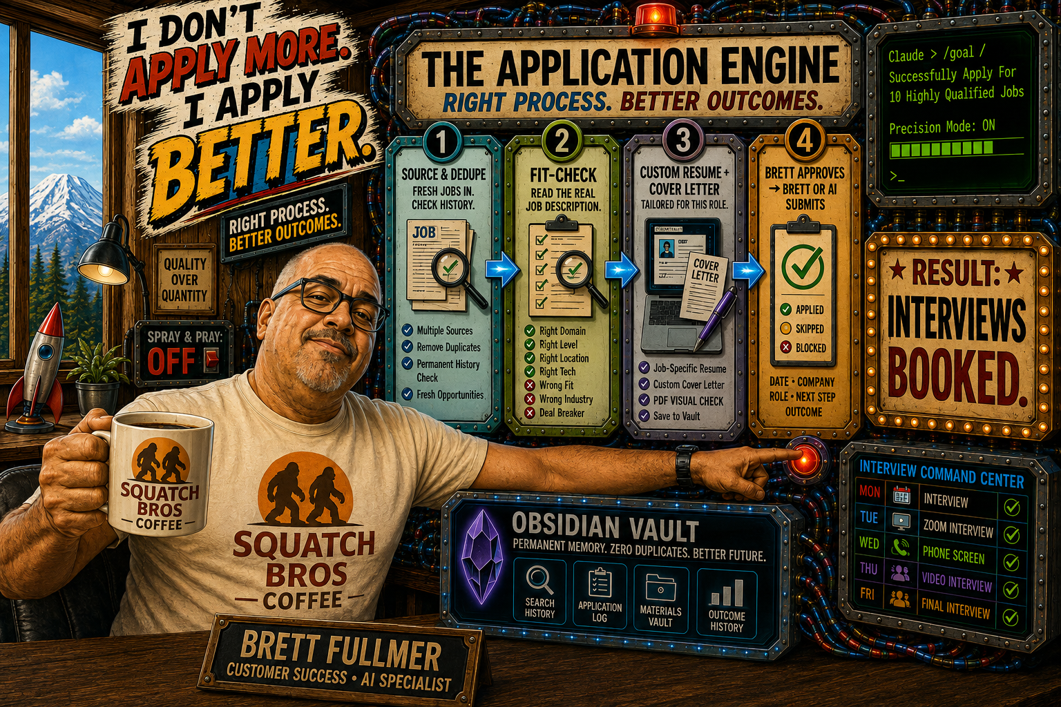 The Application Engine — a four-stage AI job-application pipeline diagram: Source and Dedupe, Fit-Check, Custom Resume and Cover Letter, and Brett Approves.